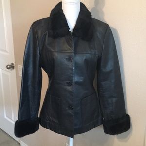 Black leather jacket with faux fur trim